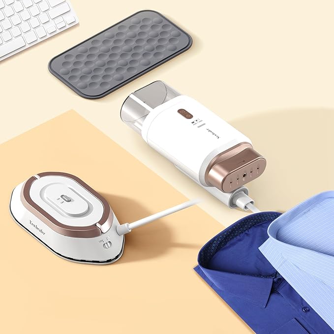 Newbealer Handheld Steamer bundle with Travel Iron for Clothes, Dual Voltage, Powerful Steamer and Dry Iron, Idea Gift