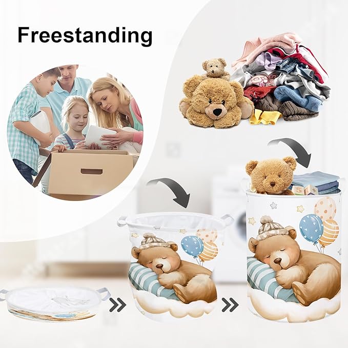 Sleeping Animals Baby Laundry Hamper Collapsible Clothes Kids Storage Basket Large Boys Girls Gift Toy Box Bin for Nursery, Bear, 63L