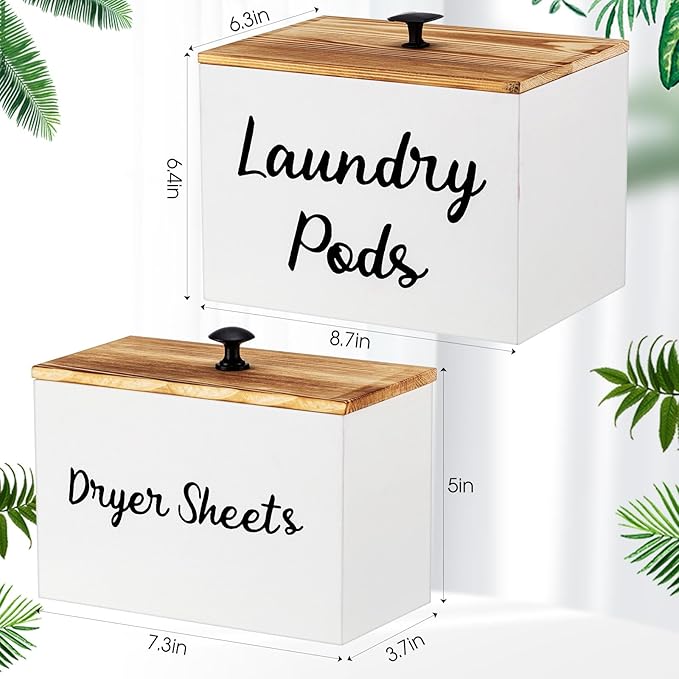 Dandat 2 Pcs Wood Rustic Laundry Dryer Sheet Holder Pod Container with Lid 8.7 x 6.3 x 6.4 Inch Laundry Pod Holder 7.3 x 3.7 x 5 Inch Dryer Sheet Dispenser Wooden Box Container(White)