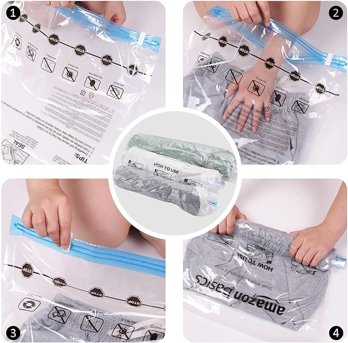 Amazon Basics Roll-Up Travel Compression Storage Bags for Clothes and Towels, No Vacuum Needed, Clear, 12 Count (6 Small & 6 Medium) (Pack of 10)