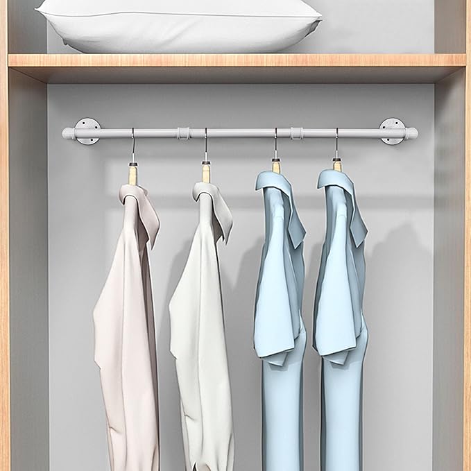 Industrial Iron Pipe Clothes Hanging Bar DIY Wall-Mounted Garment Rack Heavy Duty Clothing Rack for Bedroom, Laundry Room, Closet Storage (White 36 inch)
