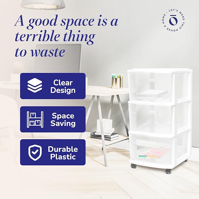 HOMZ Drawer Tower, 3-Tier Rolling Storage Cart with Removable Wheels, White Frame – Plastic Organizer with Clear Bin Drawers for Bedroom, Bathroom, Home Office, and Dorm Room