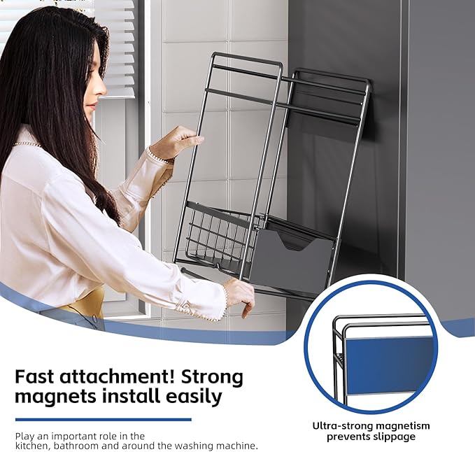 2 Tier Magnetic Shelves for Washing Machine with Pull Out Metal Drawer,Magnetic Spice Rack for Fridge,Magnetic Rack with no Installation, Versatile Storage Organizers for Home (Black, 2 Tier)