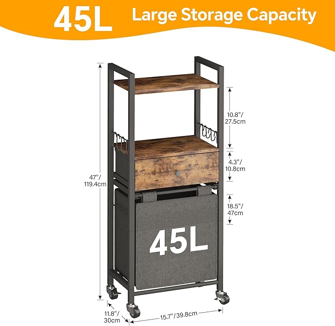 2 Tiers Laundry Hamper with Fabric Drawer and 2 Wooden Shelves, Laundry Basket with Removable Bag and 8 Storage Hooks, Laundry Sort with Divided Bag for Laundry Room, Bathroom, Bedroom, Dorm