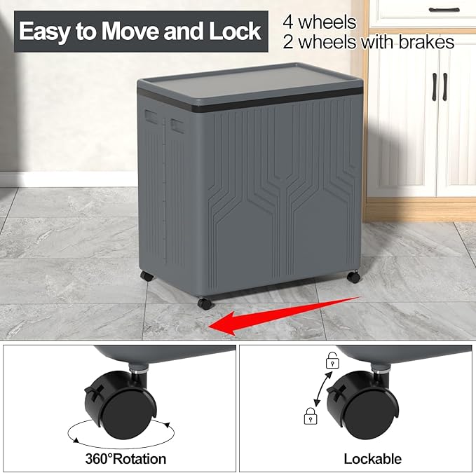 120 L Collapsible 2 Section Laundry Hamper, Plastic Rolling Laundry Basket 2 Section with Lid, Gray