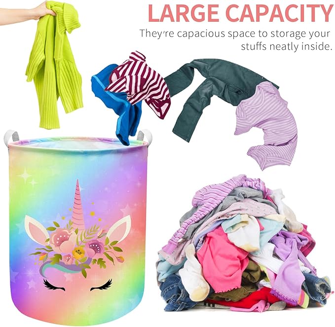 Unicorn Laundry Basket Hamper Large Sized Round Storage Basket Waterproof Bin Collapsible Laundry Basket for Room Organizer, Bedroom Nursery Playroom Clothes (62.8L)