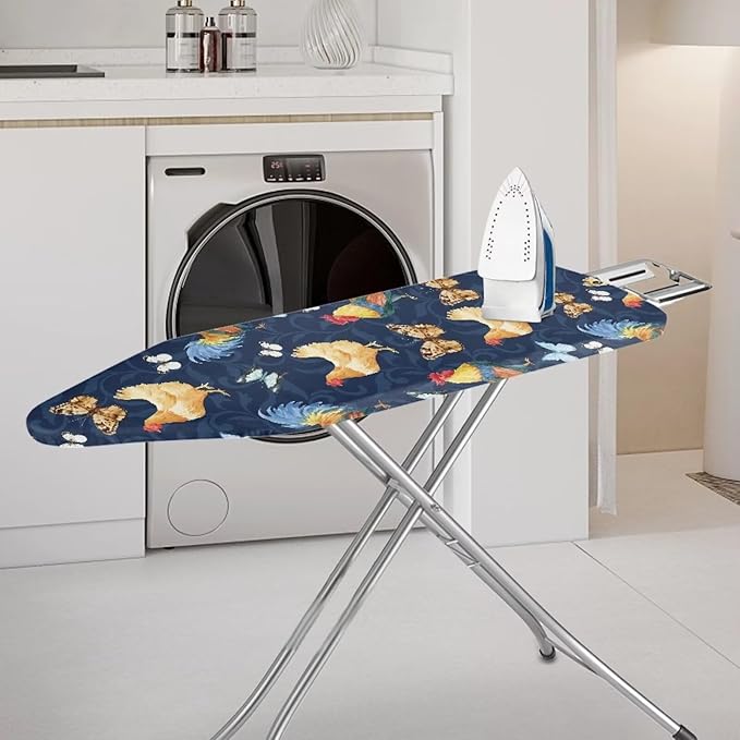 GLENLCWE Rooster Butterfly Ironing Board Cover Full Size with Elastic Edge and Hook and Loop,Standard Size 54x15 inches Iron Board Cover Easy Install