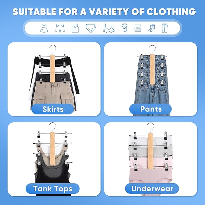 VANZAVANZU Pants Hangers with Clips, Space-Saving 4-Tier Skirt Hangers, 360° Swivel Pant Hangers with Movable Clips, Stainless Steel & Wood Clothes Hangers, for Dorm Rooms & Apartments, 2-Pack