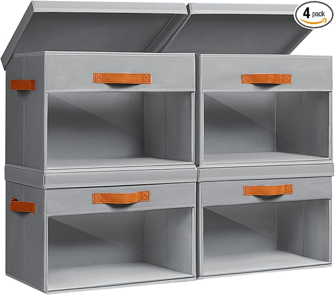 Large Storage Bins with Lids - 4 Pack Foldable Decorative Organizers with Clear Windows & Handles, Cube Storage Organizers for Clothes, Blankets, Sweaters, Sheets, Grey