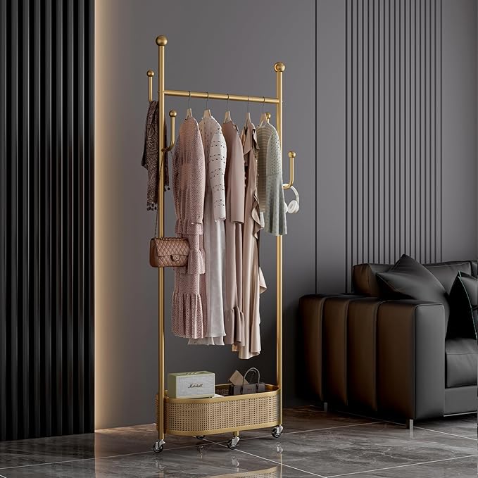 Multifunctional coat rack with storage basket 360° movable rotation｜Bedroom and living room storage artifact｜Hanging clothes/hats/bags/scarves｜Space-saving and stylish home｜Home essential