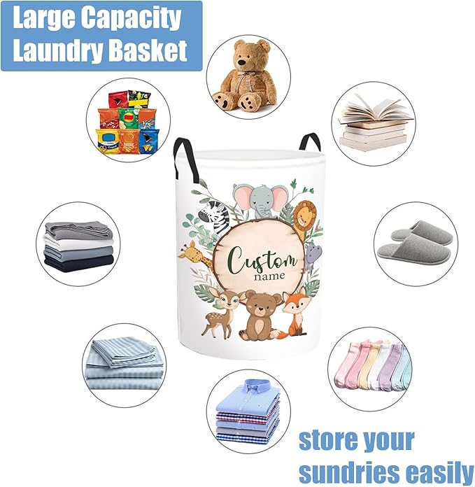 Personalized Baby Basket for Laundry, Custom Name Laundry Baskets for Kids Girls Boys Adults, Customize Kids Clothes Hamper, Safari Animals Print Storage Basket with Handles
