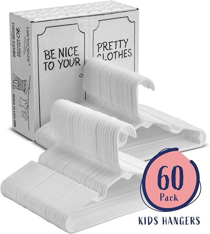 USA Made Premium Children's Clothes Hangers - Very Durable Heavy Duty Tubular Kids Hangers Plastic, Baby Hangers for Closet, 60 Pack (White)
