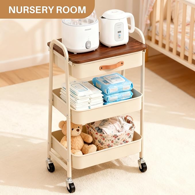 AGTEK Rolling Cart with Drawer, 3 Tier Movable Metal Utility Organizer with Wooden Board, Mobile Trolley Cart for Home & Office, Beige