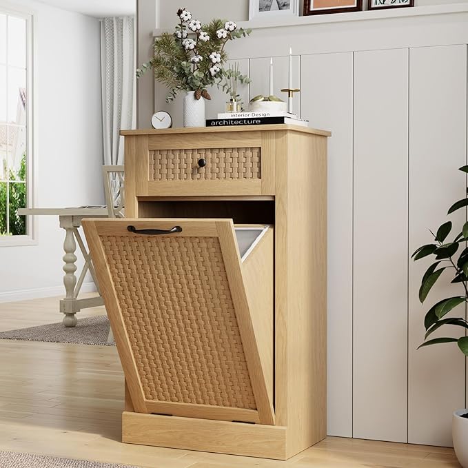 Tilt Out Laundry Hamper Cabinet, Rattan-Style Laundry Room Organization with Removable Laundry Basket, Hidden Wood Dirty Clothes Hamper with Drawer, 21.6" L x 13" W x 35.8" H, Wood