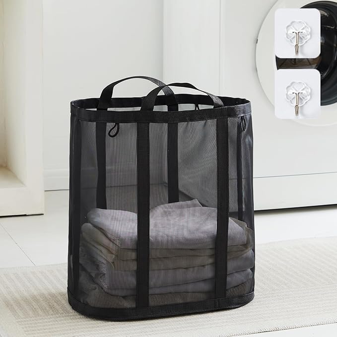 Mesh Laundry bag with Handles, 42L Collapsible Laundry Basket with 2 Hooks, Wall-Mounted Foldable Laundry Hamper Hanging for Bathroom, Dorm or Travel (Black, 1 Pack）