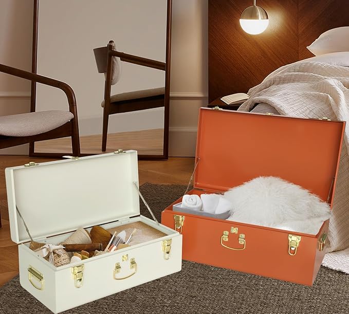 Vixdonos Decorative Large Metal Box Storage Trunk Chest Set of 2 College Dorm Organizer with Hardware Hasps and Handle for Home Deocr,23.7X14.2X9.5 Inches(Beige and Orange)