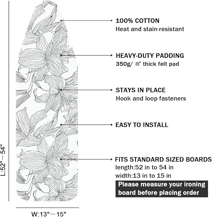 Ironing Board Cover and Pad Standard Size 15" x 54",3 Pairs of Hook and Loop Fastener Straps,Elastic Edges,Cotton Iron Board Cover with Scorch Resistant Thick Padding(Line Flower)