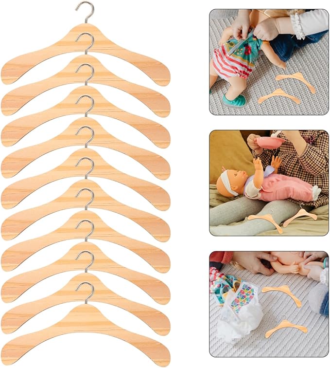 Baluue Mini Wooden Clothes Hangers for Dolls Bjd Doll Accessories Small Dollhouse Clothes Organizer 10Pcs Set for Kids Toy Storage