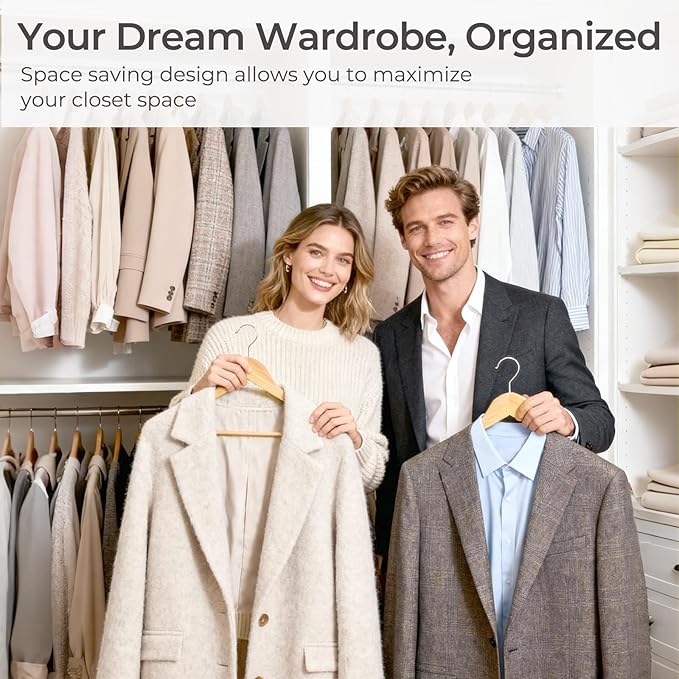 HOUSE DAY Premium Wooden Coat Hangers 30 Pack, Heavy Duty Solid Wood Clothes Hangers with 360° Swivel Hook & Pant Bar for Jackets, Dress, Shirts, Natural Wood Suit Hanger for Closet Organizer