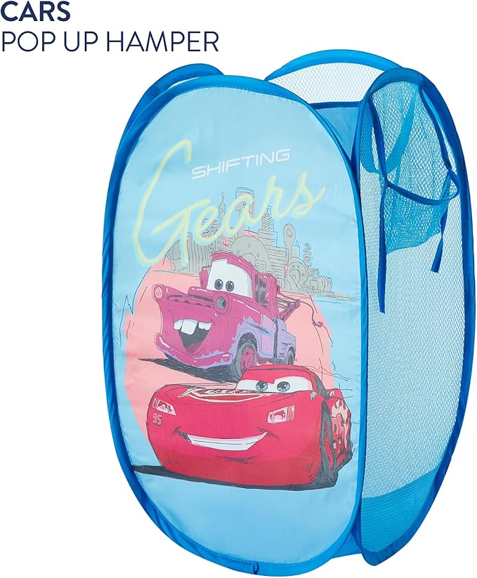 Disney Cars Pop-Up Hamper with Durable Carry Handles for Laundry, Kids Room & Nursery Storage, 21”H x 13.5”W x 13.5”L