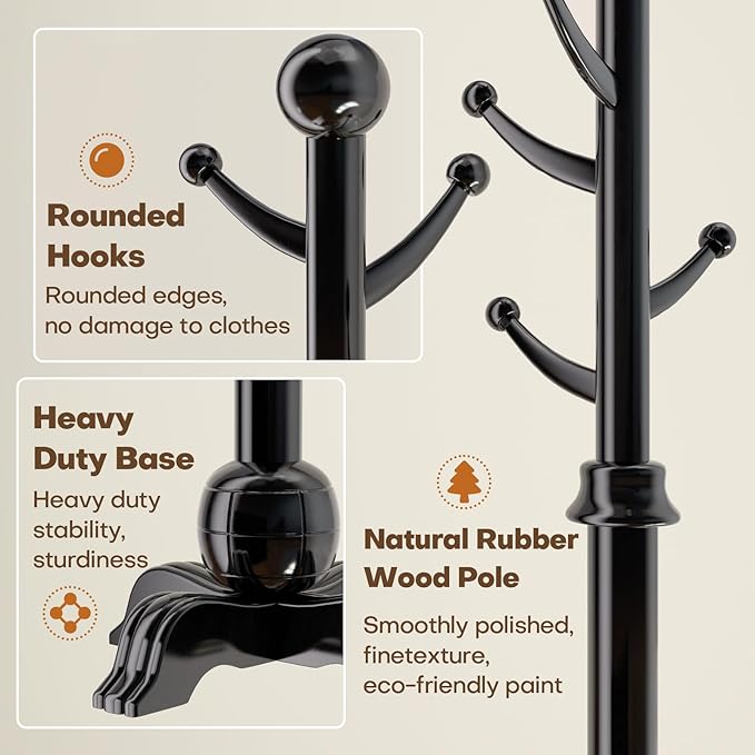 Hall Tree, Freestanding Wood Tree Rack with 7 Hooks, Coat Rack with Stable Sphere Base, Wooden Coat Rack Stand, Load 210 lb, Coat Hanger Stand for Entryway, Hallway, Bedroom (Black)