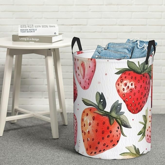 Pink Strawberry Print Laundry Basket For Storage Bins Gift Baskets Bedroom Clothes Hamper