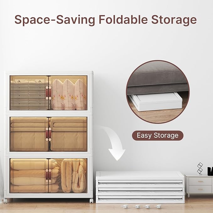 Extra Large Stackable Storage Bins, Lockable Storage Bins with Lids, Folding Storage box with Doors and Wheels, Collapsible Plastic Drawers for Home, Garage, Office (3, White, Extra Large)