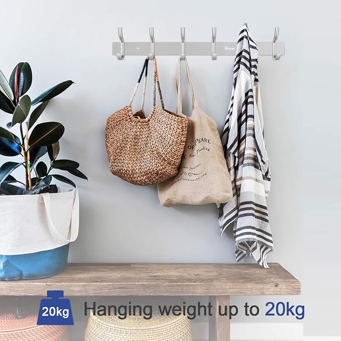 Wall Mounted 16 inch Coat Hanger Rack 6 Hooks Aluminum Alloy Silver for Kithchen Bathroom