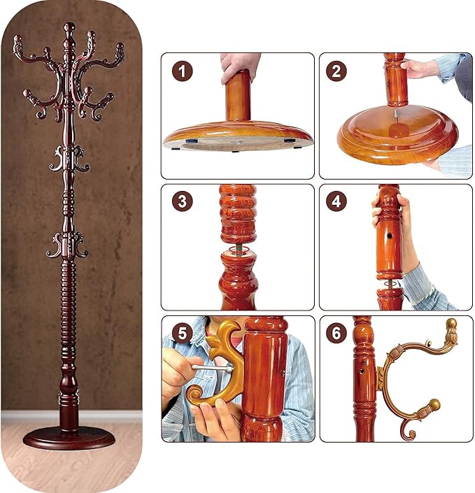 Coat Rack Freestanding, Wooden Coat Tree Stand with 14 Hooks, Easy Assembly with Stable Disc Base for Bedroom, Hallway, Entrance Office for Hats, Coats, Scarves (Mahogany color)