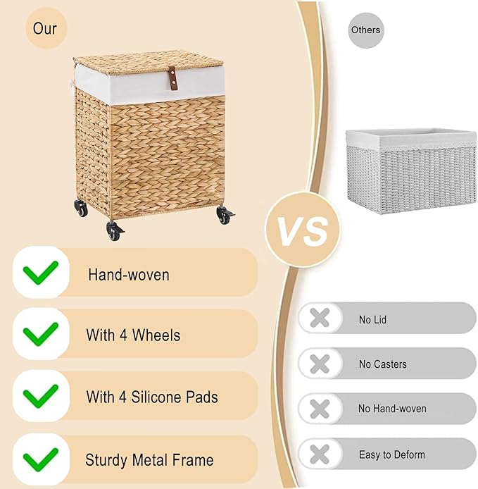 Handwoven Laundry Hamper with Wheels, Natural Water Hyacinth Rolling Laundry Basket with Lid and Removable Liner, Durable and Stylish for Bedroom, Bathroom, Laundry Room (Natural, 65L)