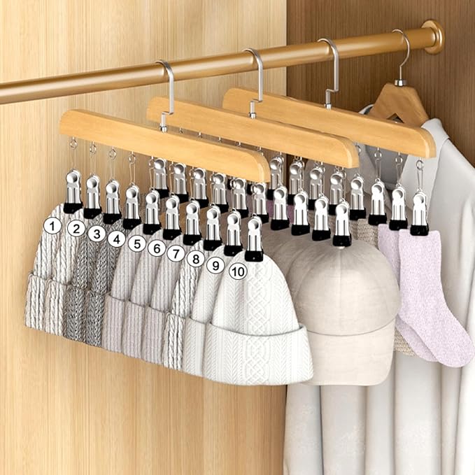 Closet Organizer with 10 Clips - Space Saving Hanging Closet Organizer, Legging Organizer for Closet Hanging, Pants Scarf Hangers with Clips (Wood)