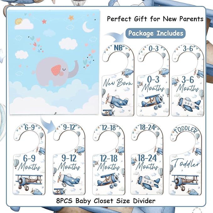 Baby Closet Dividers 8PCS, Airplane Themed Wooden Double-Sided Clothes Size Hanger/Organizer from Newborn to Toddler for Nursery Decor Baby Shower Birthday Gender Reveal Party Gift