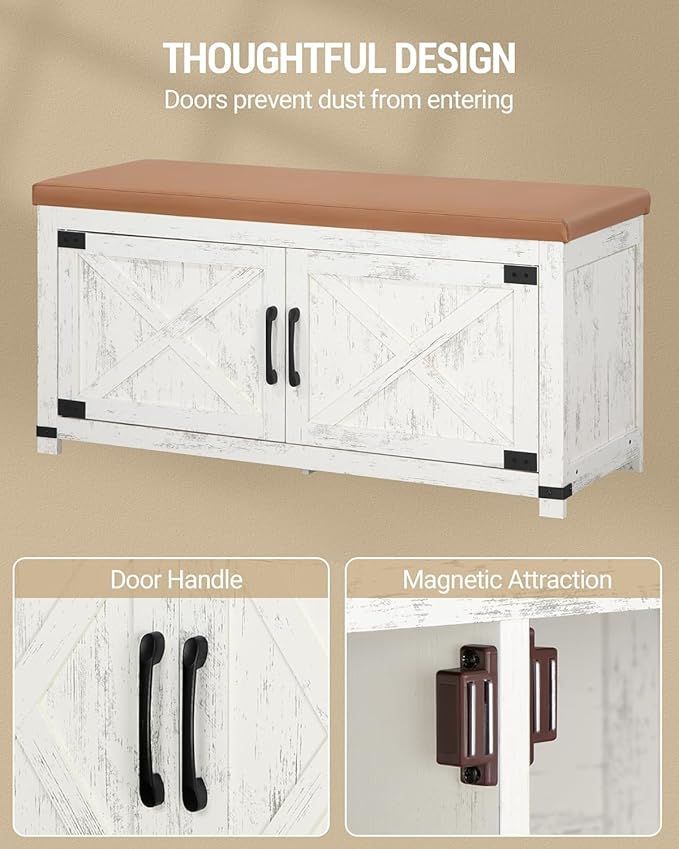 Shoe Storage Bench, 2 Tier Shoe Bench with Padded Seat Cushion & 2 Barn Doors, Entryway Bench with Adjustable Shelf, Farmhouse Shoe Cabinet for Living Room, Bedroom, Antique White SB26614KA