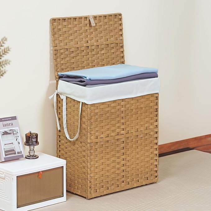 90L Laundry Hamper with Lid, Hand-Woven Pp Rattan Laundry Basket with Compartments & Handles, Removable Liner Bags,Foldable, Narrow Dirty Clothes Basket, Yellow