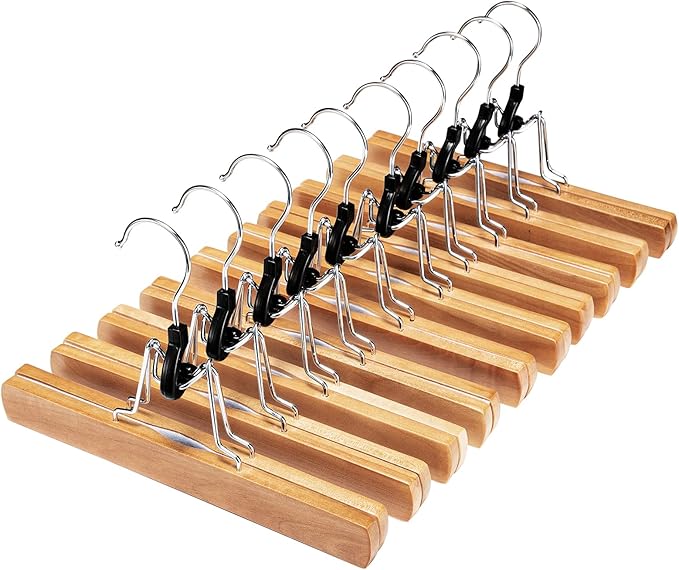 HOUSE DAY Wooden Pants Hangers 20 Pack, Non Slip Wood Skirt Hangers, Smooth Finish Wood Jeans Hanger, Clamp Hanger for Skirts, Slacks, with 360° Swivel Hook