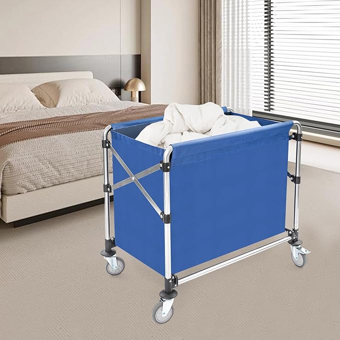 Commercial Laundry Cart with Wheels, 440lbs Rolling Laundry Basket, Heavy Duty Folding Laundry Cart with Oxford Cloth Hamper, 34.25 * 20.47 * 30.7in for Home, Dorm, Hotel, and Commercial Use (Blue)