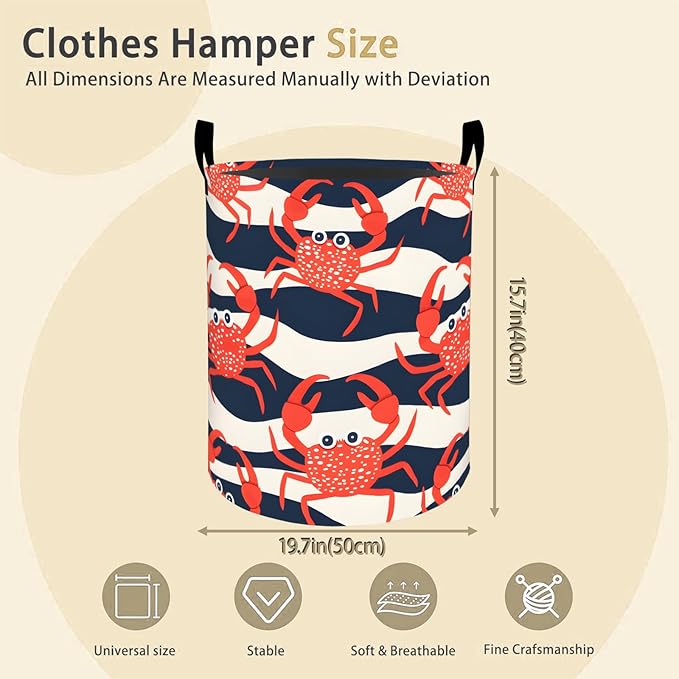 Cute Crab Laundry Basket Hamper for Boys Girls Kids Adults, Foldable Waterproof Oxford Clothes Storage Bin, Red Ocean Animal Organizer for Bedroom Bathroom Room Decor 19.7"x15.8"