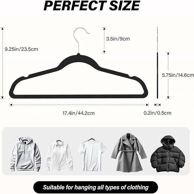 Simple Deluxe Velvet Hangers 50 Pack, Space Saving Heavy Duty Clothes Hangers, Non-Slip Closet Hanger for Coat, Sweater, Suit and Shirt with Shoulder Notches, 360° Swivel Hooks, Black