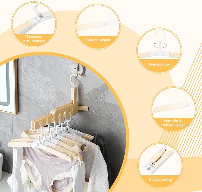 Foldable Travel Hangers for Cruise, 6 Pack Portable Collapsible Hangers with Clips, Folding & Space-Saving Suitcase Hangers for Travel, (Beige-White)