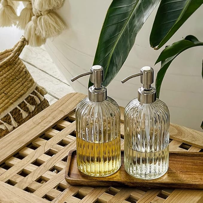 JASAI 2PACK 18 Oz Glass Soap Dispenser with Rust Proof Stainless Steel Pump, Refillable Hand Soap Dispenser with Vertical Stripe, Premium Bathroom soap Dispenser for Kitchen & Bathroom