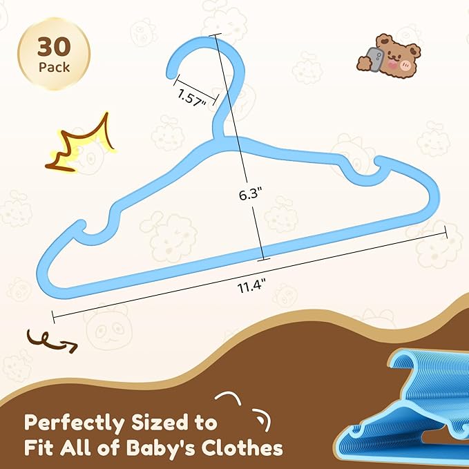 Plastic Kids Hangers - 30 Pack Non-Slip Baby Clothes Hangers for Closet, Toddler & Newborn Clothing Pants, Skirts, Coats (Blue)