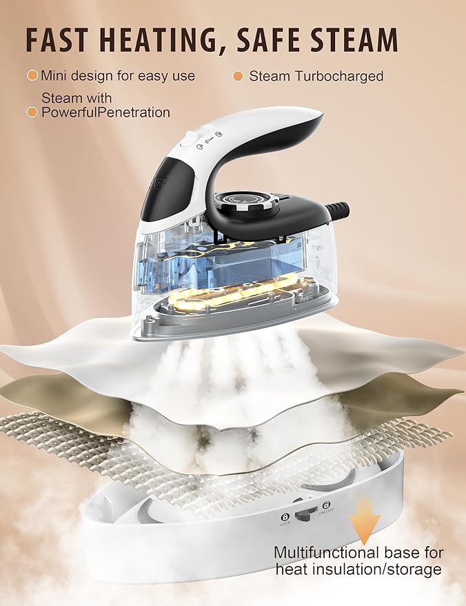 Sundu Mini Travel Iron with Steam,1000W Portable Non-Stick Soleplate Steam Small Iron for Quilting & Sewing,300 Microsteam Holes,90ml Water Tank,Lockable Safety Base,Digital Temperature Control