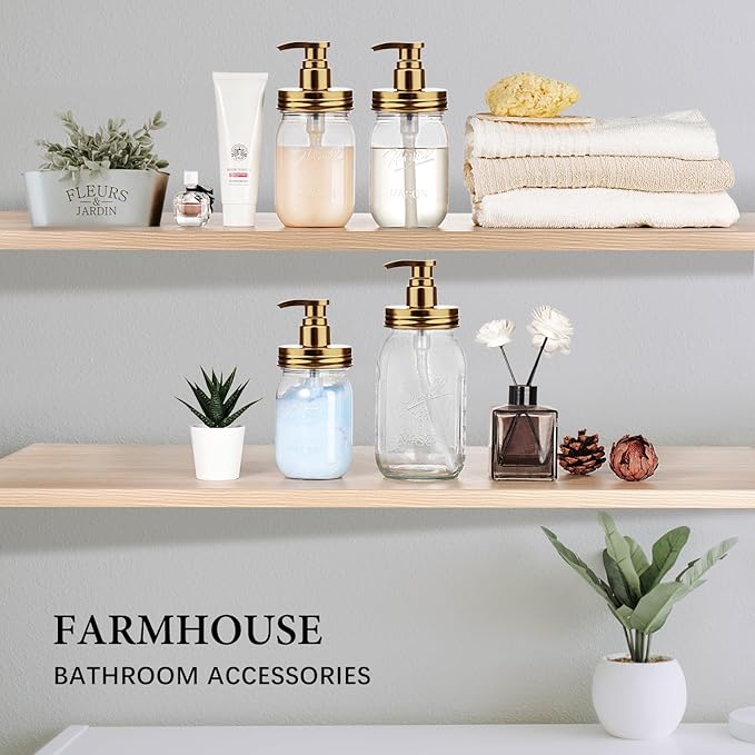 Amolliar Plastic Mason Jar Soap Dispenser Lids(2) - Universal Pump Replacement for Regular Mouth Jar - Long Tubes & Cute Lables - for Kitchen, Bathroom, Dish Soap, Lotions, Hand Soap, Gold