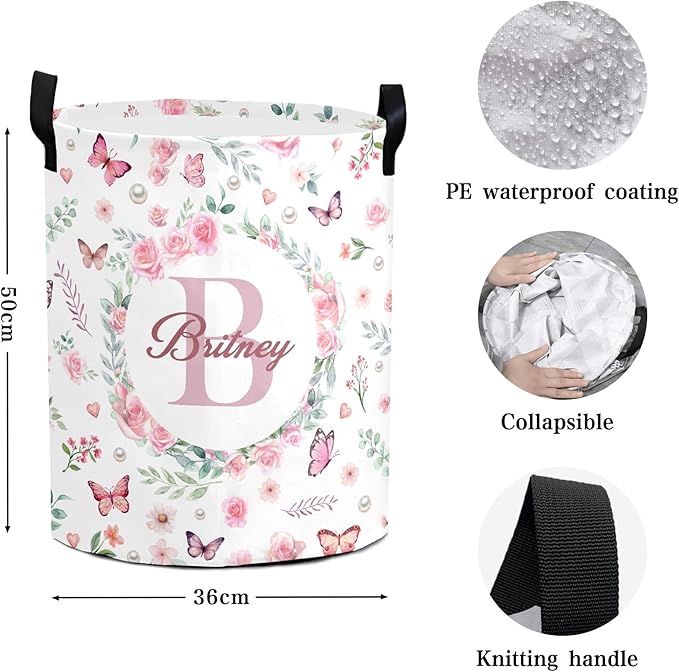 Large Custom Name Laundry Hamper, Flowers Personalized Dirty Clothes Hamper Storage Basket with Name for Bathroom Bedrooms, Customized Name Circular Hamper with Handles for Baby Boys Girls Men Women