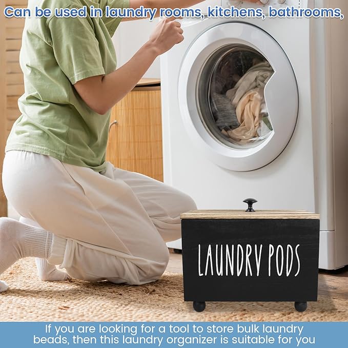 Farmhouse Laundry Pods Container with Lid, Solid Wood Dryer Sheet Holder, Stylish Laundry Pod Holder, Multipurpose Dryer Sheet Container for Laundry Room Kitchen Bathroom Organization Decor (Black)