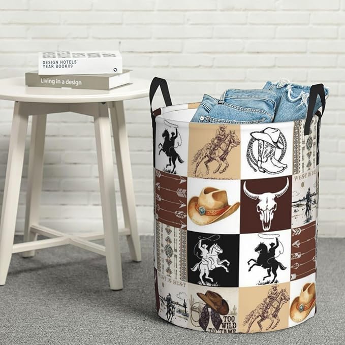 Laundry Basket Room Decor,Round Laundry Hamper Waterproof Dirty Clothes Hamper Collapsible Laundry Baskets With Handles,Toy/Clothes Storage Basket For Home Dorm Bathroom Decor (Western)