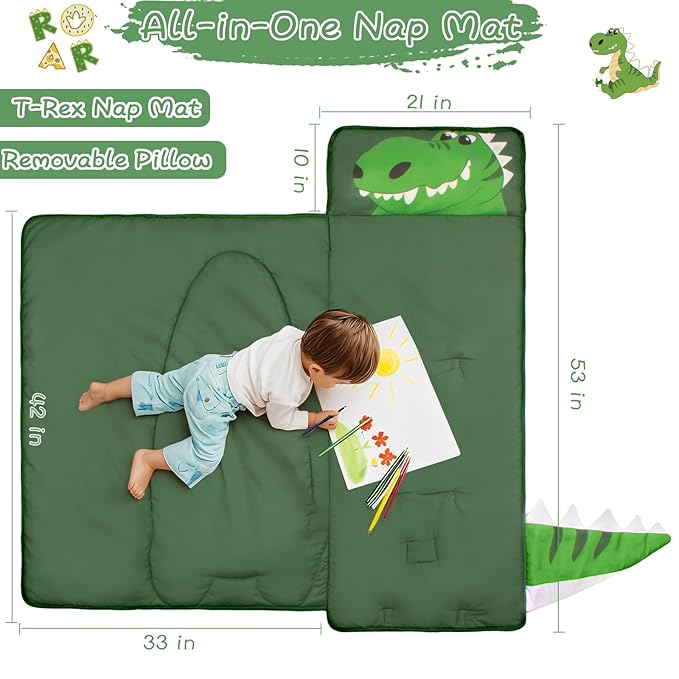 Dinosaur Toddler Nap Mat with Removable Pillow and Blanket Kids Sleeping Bag with Pillow Reinforced Stitching Machine-Washable, Soft Nap Mats for Daycare, Travel, Camping 53"x21"