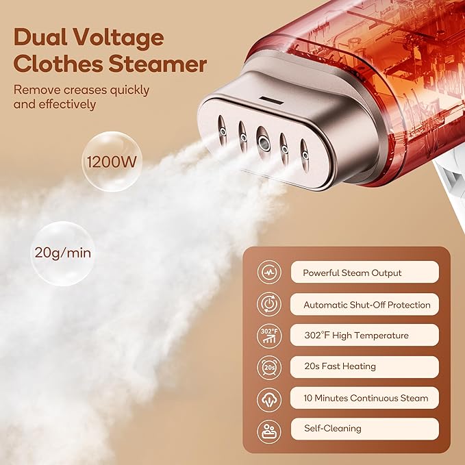 Newbealer Professional Business Travel Steamer, 1200W High-Power Dual Voltage (100-240V), Fast 20s Heat Up for Clothes Horizontal Vertical Steaming, Foldable & Solid 1.72 lbs, 180ml (Gold)