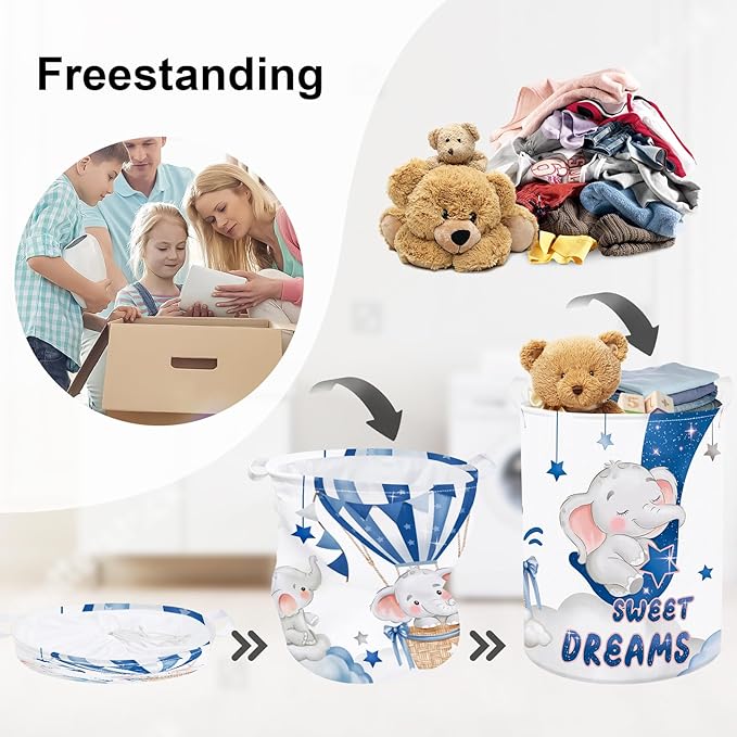 Sleeping Animals Baby Laundry Hamper Collapsible Clothes Kids Storage Basket Large Boys Girls Gift Toy Box Bin for Nursery, Elephant, 63L