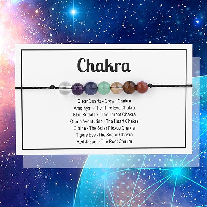 Caiyao Chakra Crystal Tiger Eye Bead Bracelet with Wish Card for Women Adjustable Spiritual Stone Braide String Bracelet Yoga Meditation Jewelry Gift